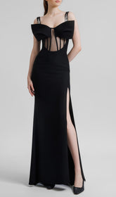 Ceylan Black Bow & Mesh Maxi Dress with Thigh Slit