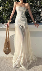 Fola Sparkling Strapless Sequin & Pleated Sheer Maxi Dress