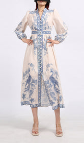Emilee Chic Blue & White Porcelain Print Midi Dress