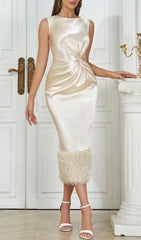 Accalia Luminous Apricot Satin Feather Trim Midi Dress