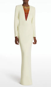 Eusebia Ivory Beaded Plunge Neck Long Sleeve Maxi Dress