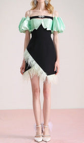 Cielo Chic Black & Mint Off-Shoulder Feather Mini Dress