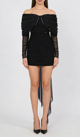 Jethro Black Off-Shoulder Mini Dress with Dramatic Bow & Sheer Train