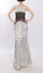 Jezziel Chic Polka Dot & Lace Halter Maxi Dress