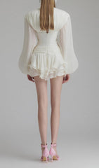 Darion White Glamorous Corset Mini Dress with 3D Floral & Voluminous Sleeves
