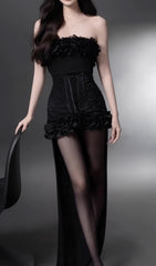 Eithne Black Strapless Corset Ruffle High-Low Evening Dress