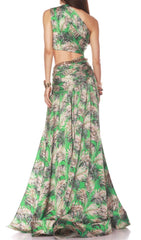 Evelien Green Tropical Print One-Shoulder Crop Top & Skirt Set