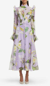 Isolda Lavender Floral Ruffled Midi Dress