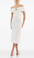 Glamorous White Crystal Off-Shoulder Midi Dress