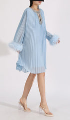 Dazzling Sky Blue Pleated Mini Dress with Feather Cuffs & Crystal Neckline