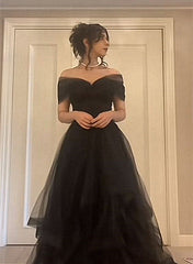 Black Tulle Sweetheart Off Shoulder Long Party Dress
