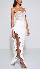 Arlette Luxe Lace Corset Asymmetric Ruffle Midi Dress