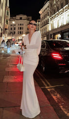 Glamorous White Draped V-Neck Long Sleeve Backless Maxi Dress