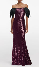 Jurek Sequin Off-Shoulder Bow Maxi Gown