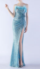 Dazzling Aqua Blue Sequin Feather Maxi Gown with High Slit