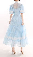 Jerilyn Dreamy Blue Lace Puff-Sleeve Tiered Midi Dress for Women