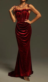 Chimene Wine Velvet Floral Corset Maxi Gown