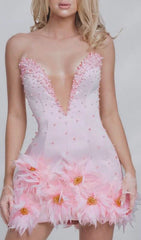 Hita Pink Strapless Beaded Floral Bandage Mini Dress