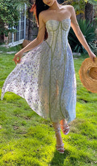 Carda Enchanting Floral Embroidery Corset Midi Dress