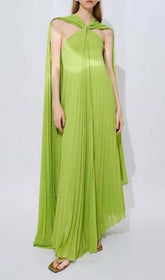 Ellaruth Vibrant Green Pleated Halter Maxi Dress with Cape Detail
