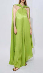 Ellaruth Vibrant Green Pleated Halter Maxi Dress with Cape Detail