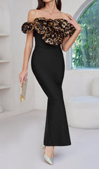 Dorona Elegant Black Leopard Floral Off-Shoulder Bandage Maxi Dress
