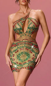 Gianni Dazzling Crystal Cutout One-Shoulder Mini Dress
