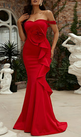 Stunning Red Off-Shoulder Floral Ruffle Mermaid Maxi Gown