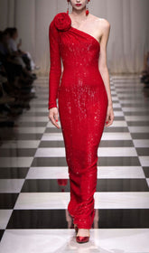 Showstopping Red One-Shoulder Sequin Gown with 3D Floral & Stretch