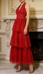 Janika Red Polka Dot Halter Tiered Maxi Dress