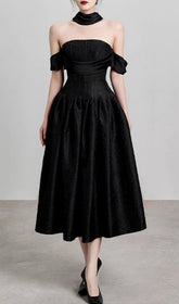 Jela Elegant Black Off-Shoulder Corset Midi Dress for Women