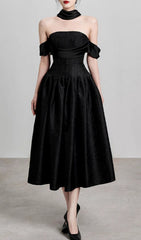 Jela Elegant Black Off-Shoulder Corset Midi Dress for Women