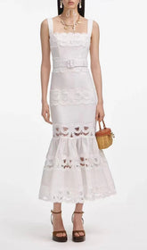Everly Chic White Embroidered Lace Belted Midi Dress