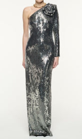 Charlot Glamorous Silver Sequin One-Shoulder Maxi Dress with 3D Floral Appliqu