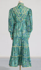 Vibrant Paisley Tiered Midi Dress with Long Sleeves