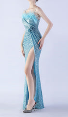 Dazzling Aqua Blue Sequin Feather Maxi Gown with High Slit