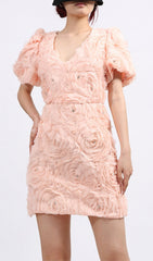 Elpida Romantic 3D Rose Puff Sleeve Mini Dress