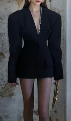 Gyan Black Power Shoulder Mini Blazer Dress with Edgy Stud Detail