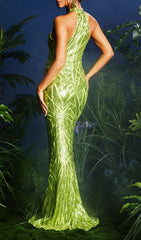 Lajita Dazzling Lime Green Sequin Halter Maxi Dress