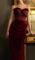 Chainey Wine Red Rose Embossed Velvet Strapless Maxi Gown