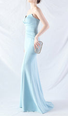 Chrina Elegant Blue Strapless Ruched Mermaid Maxi Gown
