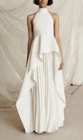 Elegant White Halter Neck Maxi Dress with Sculpted Peplum & Pleated Skirt