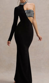 Glamorous Black Crystal Embellished One-Sleeve Cut-Out Maxi Gown