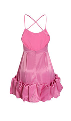 Glamorous Pink Satin Halter Mini Dress with Voluminous Ruffle Skirt