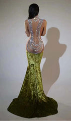 Shelyn Dazzling Emerald Velvet Rhinestone Mermaid Maxi Gown