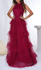 Glamorous Wine Red Halter Tiered Tulle Maxi Dress