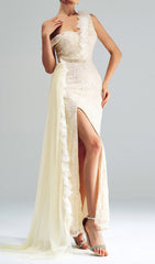 Capella One-Shoulder Ruffle Sequin Maxi Gown with High Slit