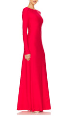 Show-Stopping Basma Red Long Sleeve Backless Maxi Dress with Elegant Embellishment