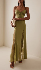 Haldis Elegant Olive Green Lace-Panel Maxi Dress