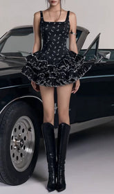 Erela Black Ruffled A-Line Mini Dress